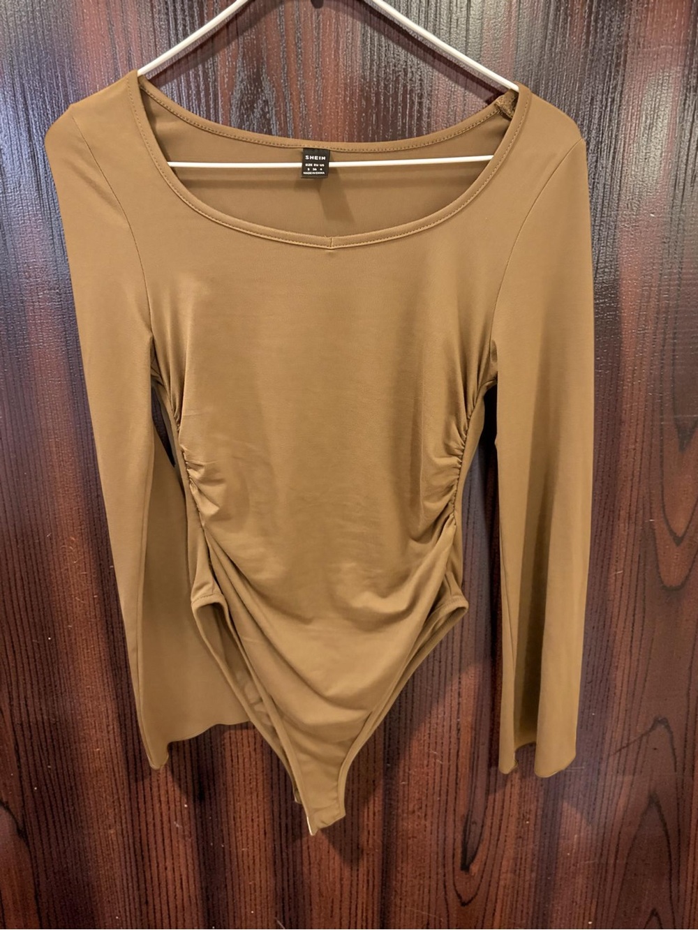 SHEIN Long Sleeve Ruched Scoop Neck Bodysuit - Camel